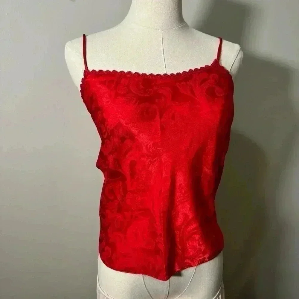 Vintage Red Nylon Paisley Cami – Coquette Y2K Slip Top Medium - Picture 3 of 5